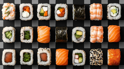 Set of assorted sushi rolls with fresh ingredients