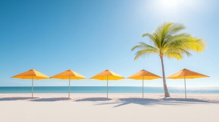 Fototapeta premium Sunny Beach Vacation Yellow Umbrellas Palm Tree Ocean View