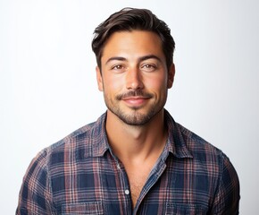Fototapeta premium Confident Young Man with Stylish Hair and a Friendly Smile Posing for Portrait against a Light Background, Wearing Casual Plaid Shirt