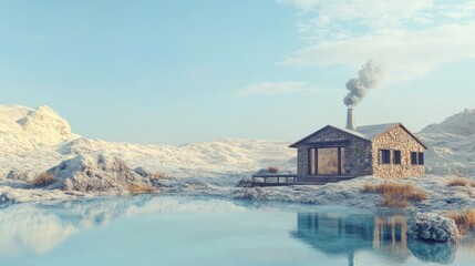 Obraz premium Cozy rustic wooden cabin nestled in a serene frozen landscape surrounded by snow capped mountains and a still reflecting lake Smoke rises from the cabin s chimney