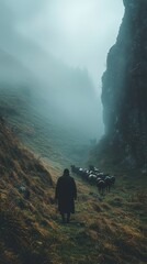 Shepherd guides his flock through misty valley at dawn in tranquil natural landscape