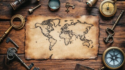 A detailed close-up of a vintage world map laid out on an old wooden table. Surrounding elements include a compass, magnifying glass, and antique keys. Warm sepia tones create a nostalgic atmosphere.