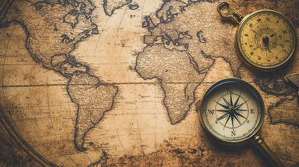 A detailed close-up of a vintage world map laid out on an old wooden table. Surrounding elements include a compass, magnifying glass, and antique keys. Warm sepia tones create a nostalgic atmosphere.