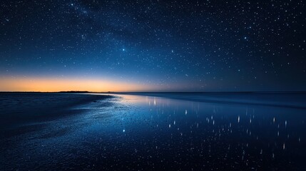 Clear night sky over tranquil water reflection at the edge of the beach during twilight hours
