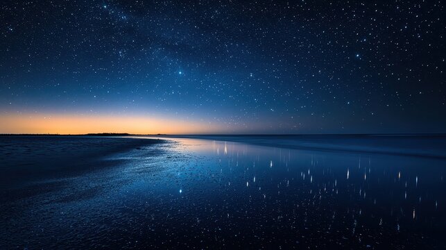 Clear night sky over tranquil water reflection at the edge of the beach during twilight hours - Powered by Adobe