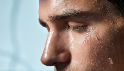 Obraz premium A close up portrait of a person sweating after working out; a person sweating after exercising; beads of sweat on a person's face and hair; up and close view of human sweat; a person is wet from sweat