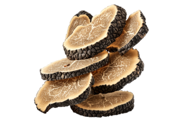 Fresh black truffles isolated on white transparent background, great for culinary and gourmet themes.