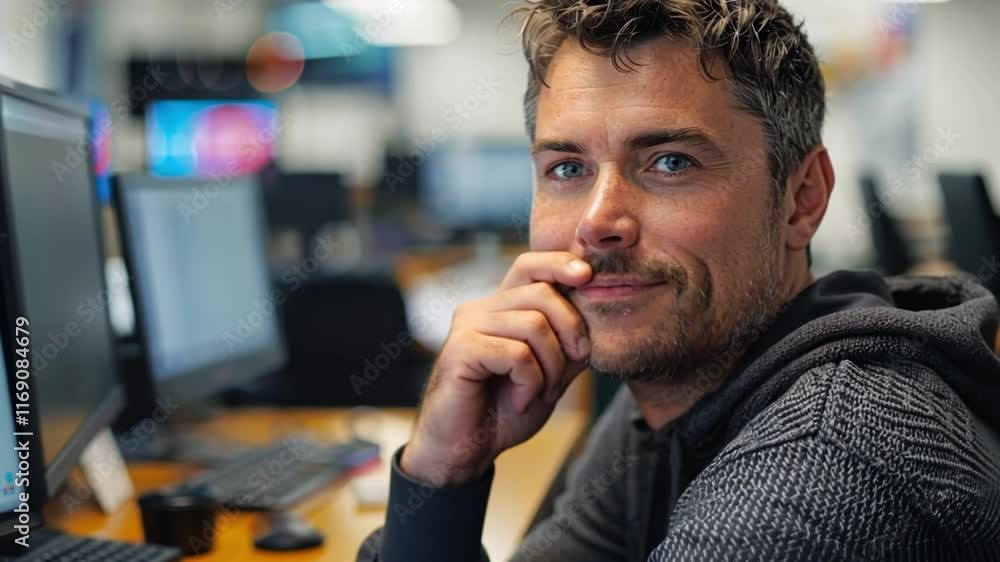 Poster a focused individual sits at a desk in a contemporary office setting, working intently on a computer