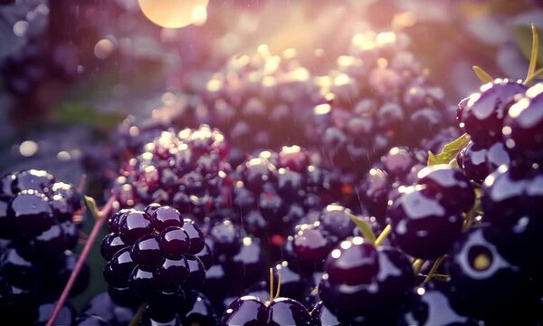 Gros plan de m&ucirc;res noires brillantes sous une fine pluie lumi&egrave;re dor&eacute;e naturelle, visuel frais et gourmand espace n&eacute;gatif copyspace, alimentation bio, produits fruitiers  nutrition sant&eacute;
