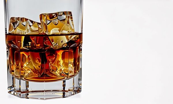 Verre de whisky, bourbon,  avec gla&ccedil;ons &agrave; gauche sur fond blanc, visuel &eacute;pur&eacute; et &eacute;l&eacute;gant avec espace n&eacute;gatif copyspace pour packaging premium, publicit&eacute; ou communication sur boissons alcoolis&eacute;es