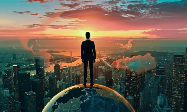 Silhouette masculine debout seul sur la Terre au-dessus d&rsquo;une ville, image symbolique de m&eacute;galomanie, dictature, isolement du pouvoir ou fantasme de domination mondiale