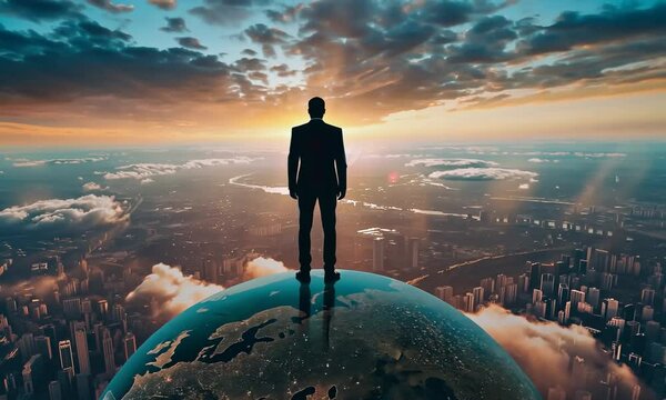 Homme en costume debout sur la plan&egrave;te Terre au-dessus d&rsquo;une ville au lever du soleil, symbole de pouvoir, ambition, leadership et domination, image m&eacute;taphorique du ma&icirc;tre du monde,