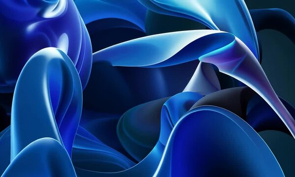 Mati&egrave;re fluide brillante volume tons bleus intenses effet de mouvement organique, visuel abstrait moderne et immersif avec espace n&eacute;gatif copyspace pour art digital, tech ou design haut de gamme