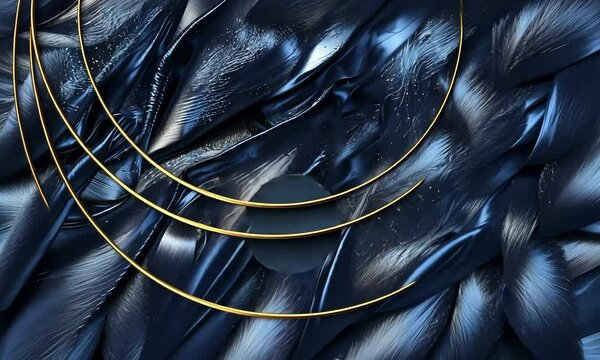 Mati&egrave;re fluide bleu nuit brillante se transformant en fond bleu gris avec cercles dor&eacute;s, visuel abstrait haut de gamme graphique espace n&eacute;gatif copyspace design contemporain univers luxe