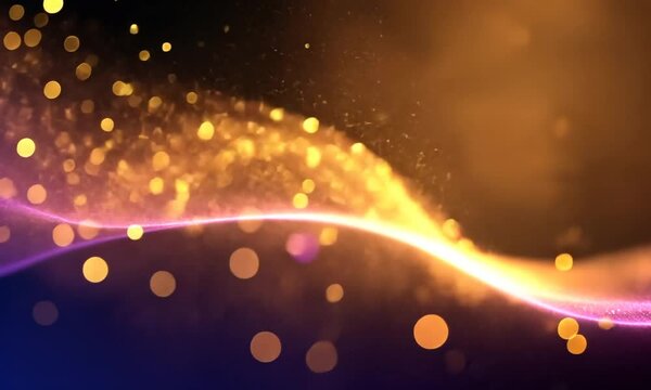 
Vague lumineuse fluide particules dor&eacute;es fond d&eacute;grad&eacute; violet et orange, visuel abstrait moderne avec espace n&eacute;gatif copyspace pour innovation technologique, data, r&eacute;seau ou communication digitale