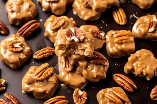 A gourmet chocolate praline filled with crunchy pecans, with a glossy chocolate coating walnut candies on dark wooden
