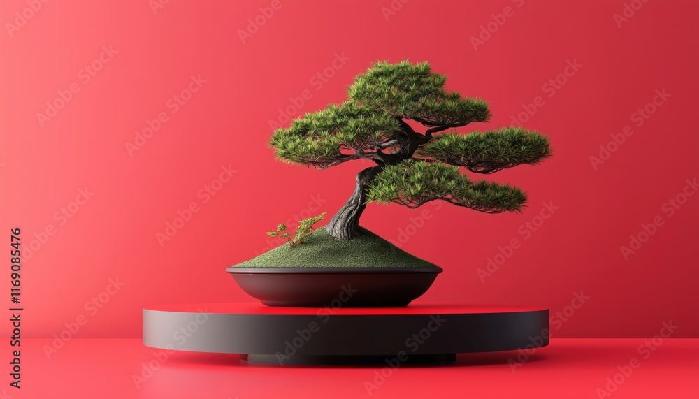 Poster japanese product showcased on podium with black bonsai tree for presentation using rendering technol