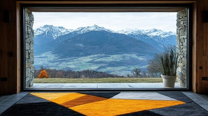Fototapeta premium Scenic mountain view framed by modern architecture.