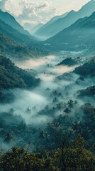 Valley enveloped in morning fog revealing lush greenery and distant peaks