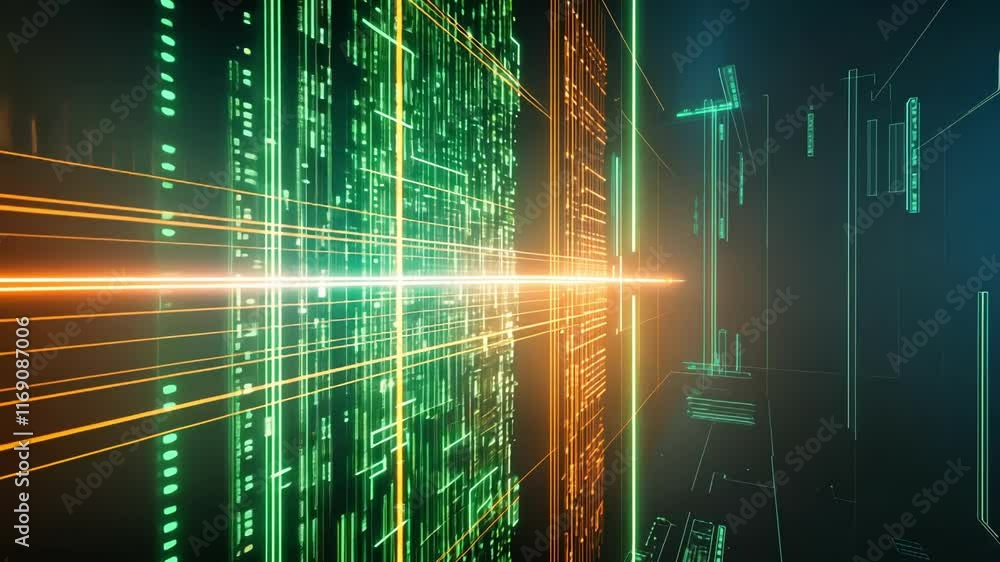 Poster a vibrant digital animation showcasing flowing data and light lines, evoking themes of technology an
