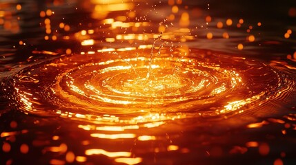 Water drops create ripples in a shimmering pool during a sunset, capturing the essence of nature's beauty and movement