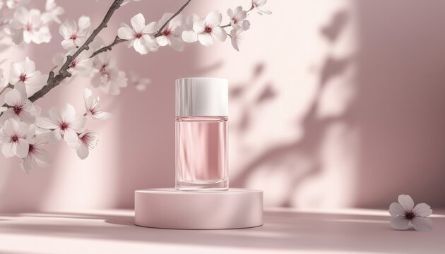 Natural Light Shadow Podium And White Sakura Display Stand For Cosmetics And Perfume Products. 3d Rendering For Presentation