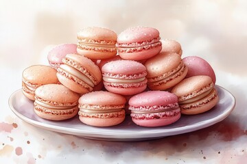 Fototapeta premium macaroons illustrated in soft watercolor style arranged beautifully on a plate with delicate pastel colors creating a sweet whimsical atmosphere that invites indulgence and joy