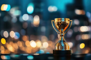 Elegant Golden Trophy on Blurred City Lights Background for Achievement and Success Themes