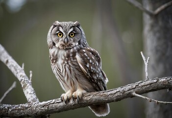 A close-up of a Boreal owl on a tree branch, looking directly at the camera with a serious expression.