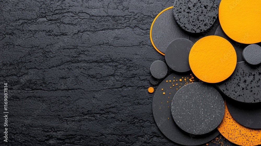 Poster abstract geometric composition with gray and orange circular shapes on dark textured background