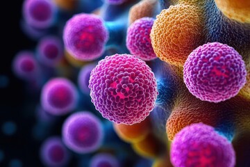 magnified view of staphylococcus aureus spheres under a microscope showcasing detailed textures and colors illustrating the microscopic world of bacteria