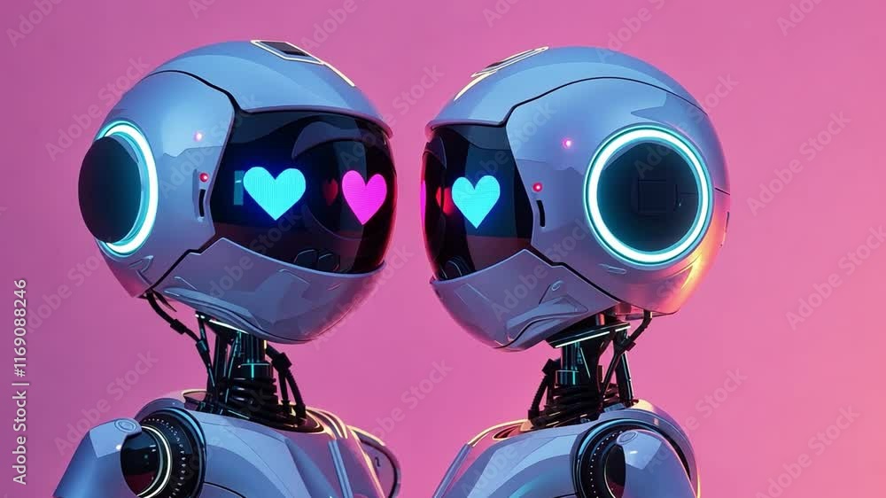 Poster two futuristic robots face each other, showcasing glowing hearts in their visors. the vibrant pink b
