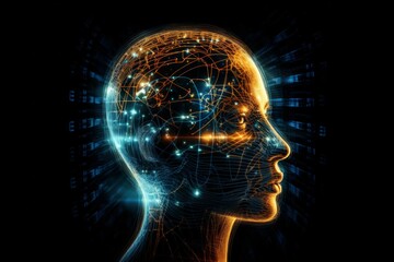 Digital human face with blue and orange lines and glowing lights on a dark background. AI generative. .