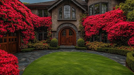 Obraz premium Luxurious home entrance with vibrant red flowers and manicured lawn.