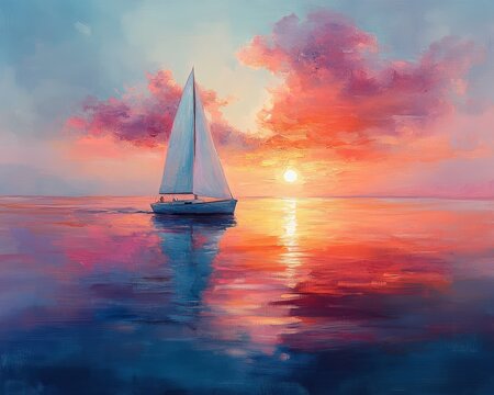 Serene ocean reflecting vibrant sunset with a sailboat peacefully gliding across tranquil waters - Powered by Adobe