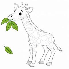 Fototapeta premium Cute Cartoon Giraffe Eating Green Leaves in a Simple Design