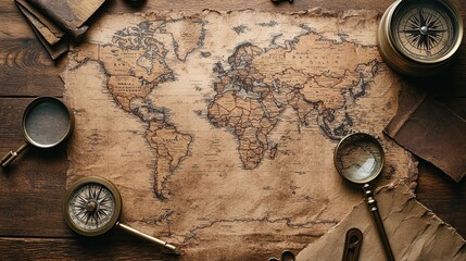 A detailed close-up of a vintage world map laid out on an old wooden table. Surrounding elements include a compass, magnifying glass, and antique keys. Warm sepia tones create a nostalgic atmosphere.