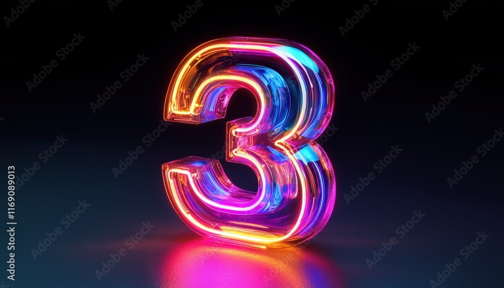 Poster neon number three illuminated inside glass symbol shape with glowing full render. ranking at the top