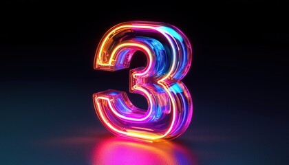 Fototapeta premium Neon Number Three Illuminated Inside Glass Symbol Shape With Glowing Full Render. Ranking At The Top On The Chart.