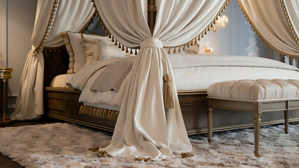 Four-Poster Bed with Ivory Curtains and Upholstered Bench