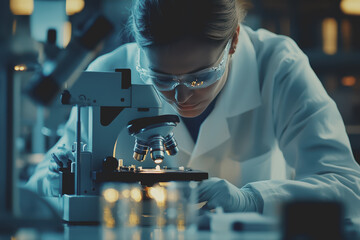 A close-up of a scientist working in a high-tech laboratory, examining samples under a microscope.