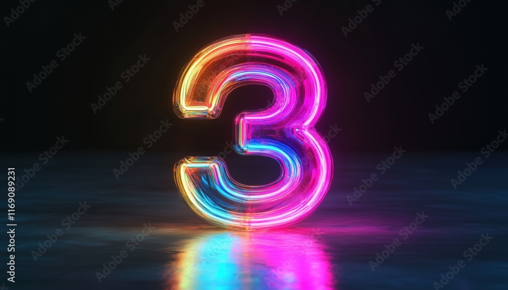 Poster neon number three: shiny interior display of glass symbol 3 shape. top chart in rendered design with