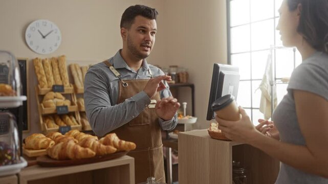 Male worker in bakery interacts with female customer who returns a coffee at the counter, showcasing the shop's interior filled with various baked goods
