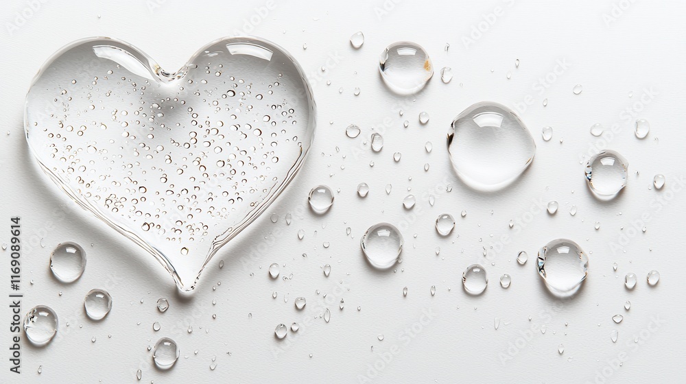 Poster heart-shaped water drop on white surface with small droplets creating a refreshing aesthetic
