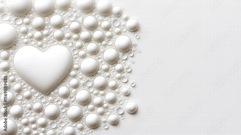Poster white heart shape surrounded by bubbles on textured background in soft color palette