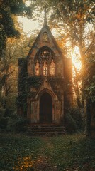 Fototapeta premium Old chapel adorned with ivy basking in golden sunlight during a tranquil evening