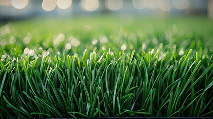 Artificial grass installation highlighted by soft lighting and close-up focus on vibrant green blades