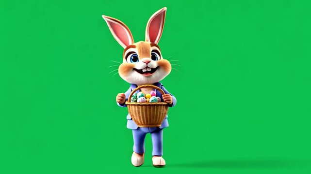 3d animation of the Easter bunny with painted eggs in basket, on green screen background. Cute funny rabbit chroma key 4k video cartoon Happy Easter
