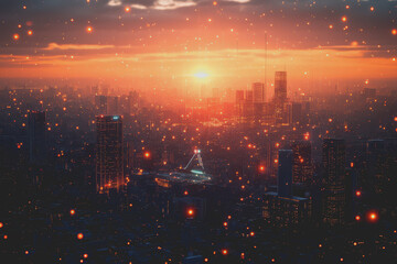 Fototapeta premium A modern city with a wireless network connection concept and cityscape. Technology concept.