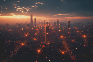 Fototapeta premium A modern city with a wireless network connection concept and cityscape. Technology concept.